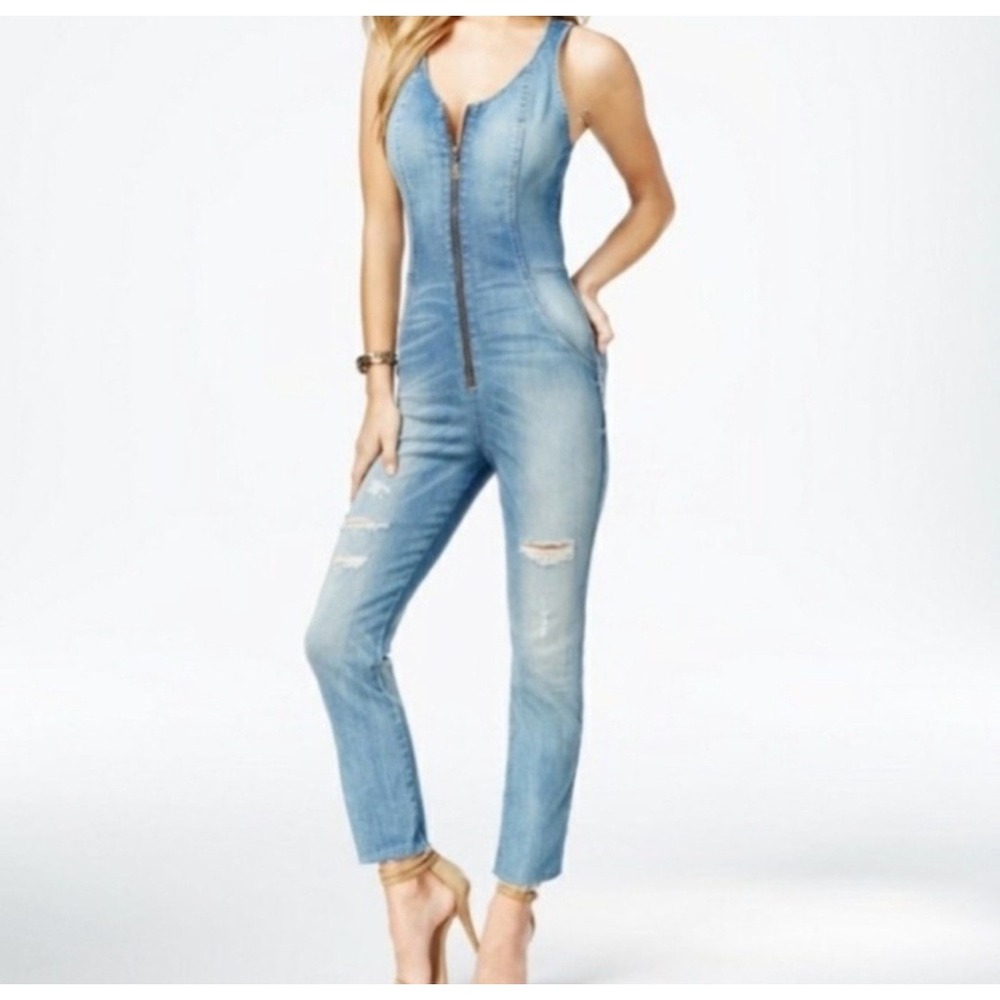 GUESS Women Light Blue Denim Sleeveless Zip Front Distressed Jumpsuit Size 6 Y2K